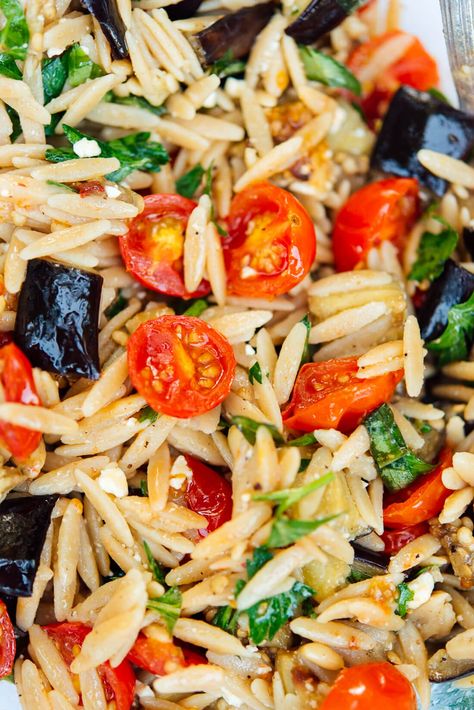 Eggplant Orzo, Pasta Eggplant, Tomato Orzo, Light Pasta Dishes, Orzo Pasta Recipes, Light Pasta, Orzo Pasta Salad, Roasted Eggplant, Healthy Weeknight Dinners