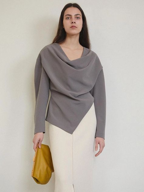 COWL NECK BLOUSE [KHAKI] | W Concept Cowl Neck Blouse, Slouchy Top, Formal Tops, Fancy Dress Design, Cowl Neck Top, Equestrian Outfits, W Concept, Satin Blouse, Looks Style