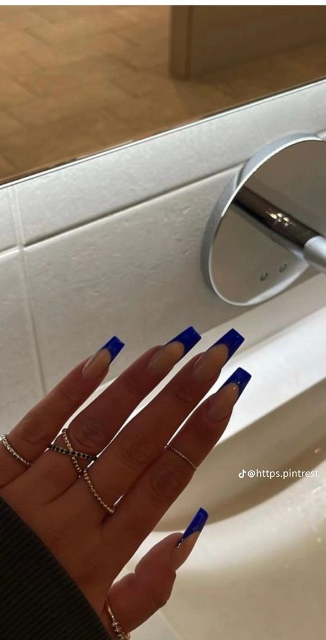 Long Square Acrylic Nails Royal Blue, Coffin Dark Blue French Tip Nails, French Nails Royal Blue, Square Acrylic Nails Royal Blue, Deep Blue French Tip Nails, Square Royal Blue Nails, Electric Blue French Tips, Ballerina Summer Nails, Royal Blue Nails French Tips