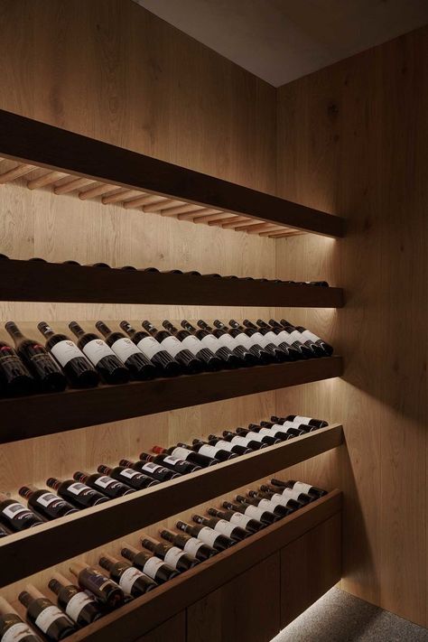 Wine Room Shelving, Modern Wine Cellar Design, Home Wine Room, Modern Wine Room, Wine Interior Design, Small Wine Cellar, Home Cellar, Gömda Rum, Wine Cellar Lighting