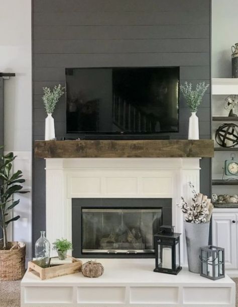 Dark Wall Light Fireplace, Black Fireplace White Shiplap, Black Fireplace With Hearth, Modern Farmhouse Black Fireplace, Black Shiplap Above Fireplace, Black Farmhouse Fireplace, Dark Grey Shiplap Fireplace, Navy Blue Shiplap Fireplace, Grey Shiplap Fireplace