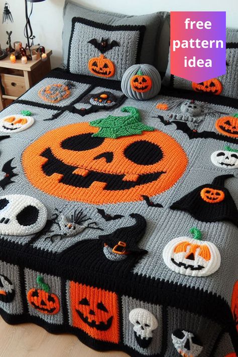 Create a spooky Halloween crochet blanket with pumpkins, ghosts, and bats. Perfect for adding festive fun to your seasonal décor! Fall Blanket Crochet, Halloween Crochet Blanket, Pumpkin And Ghost, Holiday Crochet Patterns, Fall Blanket, Halloween Crafts Decorations, Crochet Throw Blanket, Holiday Crochet, Crochet Patterns Free Blanket