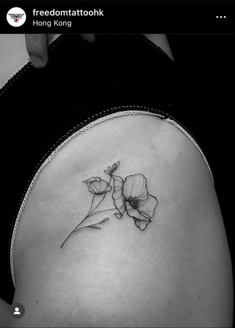 Poppy Flower Hip Tattoo, Poppy Hip Tattoo, California Poppy Tattoo, Flower Hip Tattoos, Poppies Tattoo, California Poppy, Hip Tattoo, Poppy Flower, Tattoos And Piercings