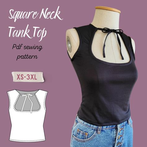 Cut Out Tie Front Tank Top-Square Neck Top PDF Sewing Pattern-  -Printable Sewing Pattern- Sewing Pattern in Sizes XS-3XL Sew Square Neck Top, Halter Neck Pattern Sewing, Cowl Neck Tutorial, Square Neck Tank Top Sewing Pattern, Sewing Pattern Summer Top, Sewing Tank Tops Pattern, Sewing Patterns Y2k, Etsy Patterns Sewing, Simple Dresses To Sew