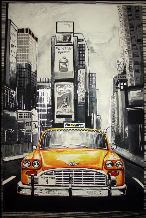 New York Taxi Drawing, Taxi Painting, Taxi Illustration, Taxi Drawing, New York Drawing, Oil Pastel Landscape, New York Painting, Emoji Drawings, Graffiti Piece