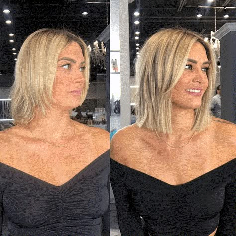 Transformation: Blunt Blonde Bob With Extensions - Behindthechair.com Bob With Extensions, Hair Extensions For Short Hair, Blonde Bob Hairstyles, Colored Hair Extensions, Short Blonde Haircuts, Tape In Hair Extensions, Blonde Bobs, Short Blonde Hair, Long Bob