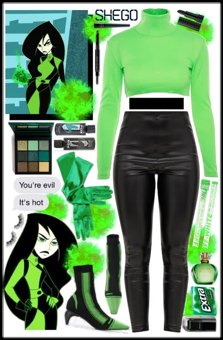 She Go And Kim Possible Costume Idea, Shego Outfit Ideas, Héros And Villians Costume, She Go Halloween Costume, Shego Halloween Costume Diy, Easy Cool Halloween Costumes, Cartoon Costumes For Women, Shego And Kim Possible Costume, Diy Shego Costume