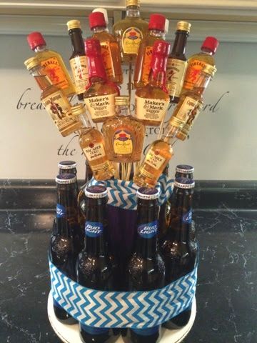 Liquor Baskets, Alcohol Basket, Booze Bouquet, Alcohol Bouquet, Alcohol Gift Baskets, Liquor Bouquet, Inexpensive Diy Gifts, Man Bouquet, Liquor Gifts