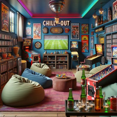 Stocked Mini Fridge, Kids Hangout Room, Hangout Room Ideas, Basement Game Room Ideas, Teen Hangout Room, Caverne Pour Homme, Teen Hangout, Garage Game Rooms, Mismatched Furniture