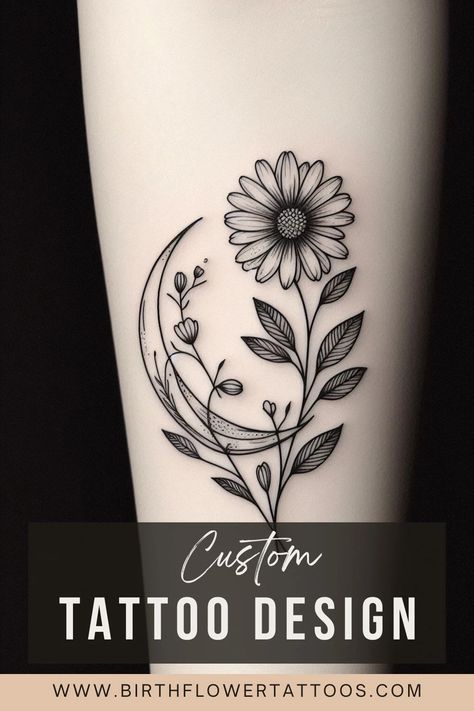 Minimalist Daisy Flower and Moon Tattoo - Elegant April Birth Flower Design Moon Star Flower Tattoo, Flower And Moon Tattoo, Daisy Tatoos, April Birth Flower Tattoo, Daisy Tattoos, Violet Flower Tattoos, Daisy Tattoo Designs, Mother Nature Tattoos, Rose Tattoos For Women