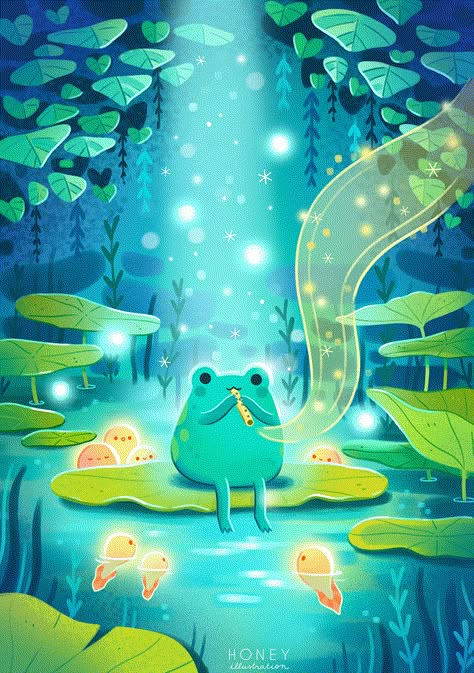 Magical friends on Behance Forest Cute Illustration, Frog Illustration Cute, Frog Cute Drawing, Magical Forest Drawing, Watering Illustration, Magical Forest Illustration, Digital Art Magic, Cute Animals Illustration, Magical Forest Art