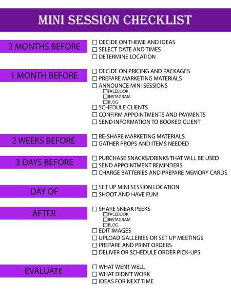 Mini session Checklist Photography Schedule Template, Photo Shoot Checklist, Brand Photoshoot Checklist, Photo Shoot Planning Sheet, Photoshoot Planning Template, Photography Client Guide, Photography Mini Sessions Themes, Mini Session Pricing, Photography Business Checklist