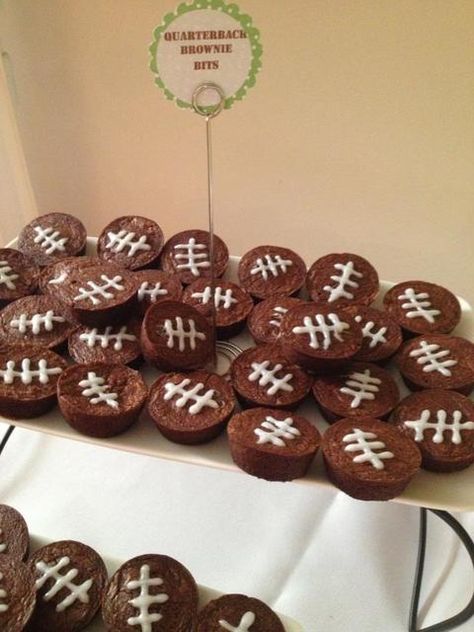 Mini brownies at a Football Party.   See more party ideas at CatchMyParty.com.  #footballparty Football Treats, Football Banquet, Football Baby Shower, Mini Brownies, Sports Baby Shower, Football Snacks, Sports Birthday Party, Football Theme Party, Football Birthday Party