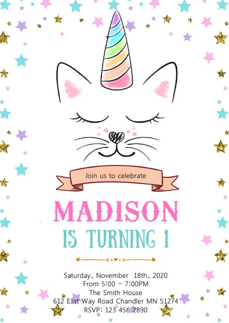 Cat Unicorn, Unicorn Birthday Invitation, Social Media Posting Schedule, Unicorn Birthday Invitations, Cat Birthday Party, Social Media Schedule, Unicorn Cat, Birthday Invitation Template, Cat Birthday