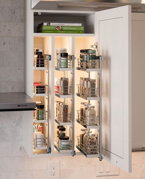 Give yourself full access to the ingredients you use the most with our pullout Spice Racks. Kesseböhmer Spice Racks can be mounted to cabinet doors for stationary use, or installed with ball bearing runners to easily slide out of the cabinet #BeClever Corner Cabinet Solutions, Spice Rack Storage, Upper Cabinet, Bathroom Cabinetry, Spice Racks, Spice Storage, Cabinetry Design, Kitchen Storage Solutions, Spice Organization