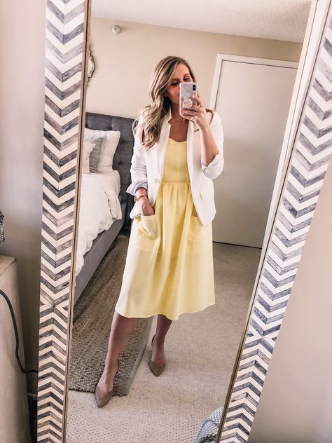 how to wear a yellow summer dress and white blazer to the office #officeoutfit #officefashion #workwear #yellowdress #walmart Yellow Dress And Blazer, Summer Dress And Blazer, Yellow Dress Outfit, Peace Lilies, White Statement Earrings, Yellow Summer Dress, Black Blazer Outfit, Outfit Blazer, Tan Pumps