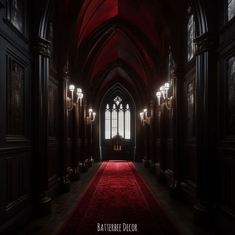 Vampire Office Aesthetic, Gothic Revival Fireplace, Gothic Castle Hallway, Gothic Castle Bedroom, Goth Hallway, Gothic Corridor, Vampire Victorian Aesthetic, Gothic Home Aesthetic, Vampire Castle Interior