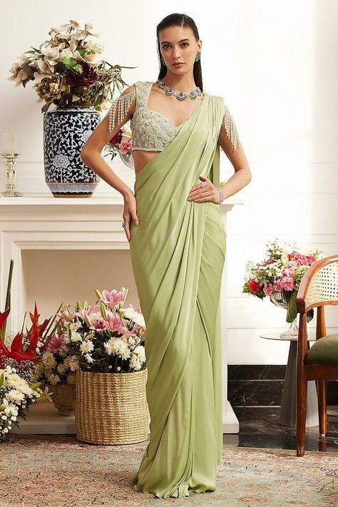 Buy Sage Green Organza Pleated Draped Saree With Trendy White Beads Hand Work Luxuries Blouse Wear on Wedding, Engagement, Party, and Recaptions Online in India - Etsy Draped Saree, Pleated Drapes, Set Saree, Saree Gown, Drape Saree, Indian Dresses Traditional, Green Saree, Indian Fashion Designers, Chiffon Saree