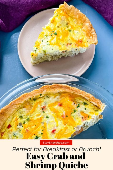 This Easy Shrimp and Crab Quiche is so easy to make and is a great way to jazz up your breakfast or brunch recipes. It's loaded with shrimp, crab, swiss cheese, and vegetables all inside a flaky crust! Crab And Shrimp Quiche Recipes, Crab And Shrimp Quiche, Crabmeat Quiche Recipes, Crustless Crab Quiche, Seafood Quiche Recipes Crab Meat, Quiche Recipes Crab, Quiche Recipes Seafood, Crab Quiche Recipes Swiss Cheese, Crab Pies