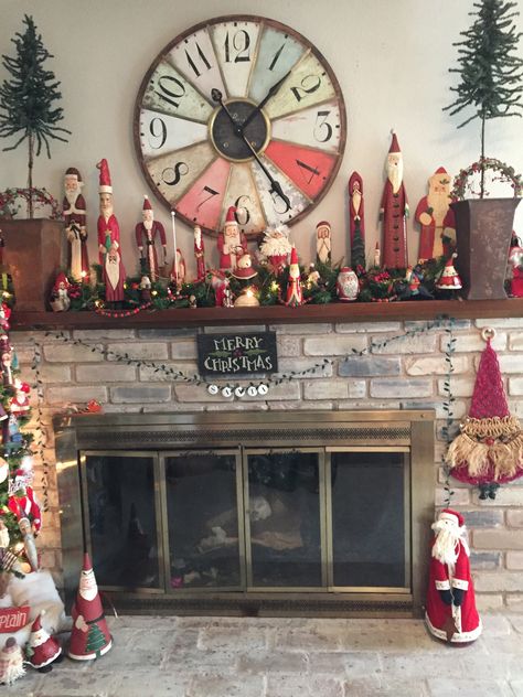 Santa mantle and tree Christmas 2016 Santa Mantle Decor, Santa Collection Display Ideas, Santa Mantle, Collection Display Shelves, Christmas Mantles, Christmas Tree Trimming, Santa Collection, Trim Ideas, Christmas Mantle Decor