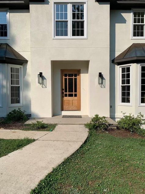 All Stucco Exterior, Board And Batten With Stucco Exterior, How To Update Stucco Exterior, 80s Stucco Exterior Makeover, Redo Stucco Exterior, Updating Stucco Exterior, Stucco Exterior Colors 2023, Limewash Stucco Exterior, Shoji White Stucco Exterior