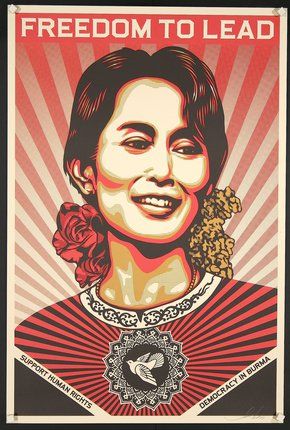 Freedom to Lead - Support Human Rights - Democracy in Burma - Aung San Suu Kyi; Fairey, $450 Shepard Fairy, Shepard Fairey Art, Shepard Fairey Obey, Aung San Suu Kyi, Aung San, Luc Besson, Shepard Fairey, Propaganda Posters, Street Artists