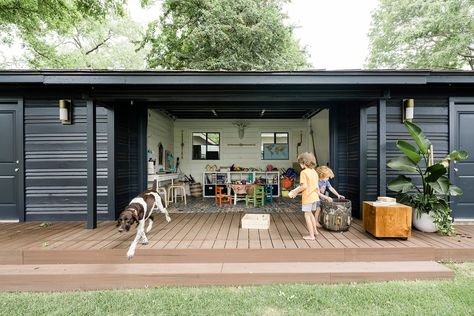 This Backyard Building Only Looks Like a Garage from the Outside Ivar Cabinet, Texas Backyard, Garage Playroom, Cabinet Hack, Ikea Ivar Cabinet, Backyard Structures, Studio Layout, Ikea Ivar, Backyard Buildings