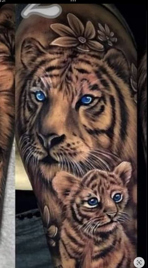 Lion Tattoo With Blue Eyes For Women, Mama Tiger With Cubs Tattoo, Tiger And Cubs Tattoo For Women, Tiger And Cubs Tattoo, Tigres Tattoo, Cub Tattoo, Upper Leg Tattoos, Leopard Print Tattoos, Unique Half Sleeve Tattoos