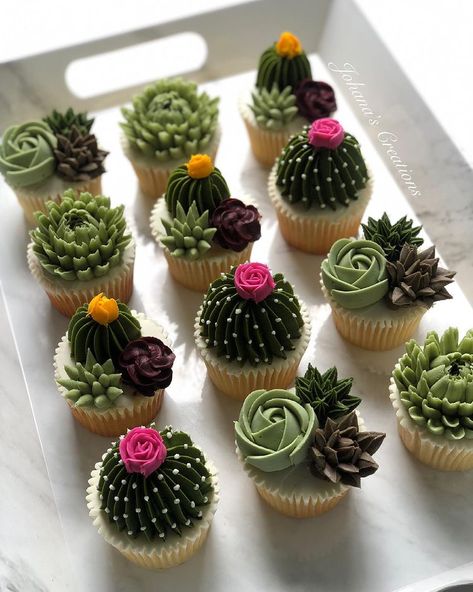 Easy Cupcakes Decoration, Garden Cupcakes, Cactus Cupcakes, Succulent Cupcakes, Succulent Cake, Cupcake Cake Designs, Amazing Desserts, Floral Cupcakes, Diy Cupcakes