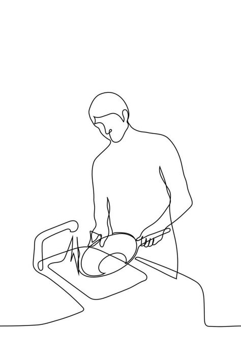 man washing dishes - one line drawing vector. a householder or waiter washes a large frying pan while standing in front of the sink with the tap on, tap, #sink, #front, #Ad Man Washing Dishes, Large Fries, Drawing Vector, One Line Drawing, Washing Dishes, Frying Pan, Frying, Infographic Design, Line Drawing