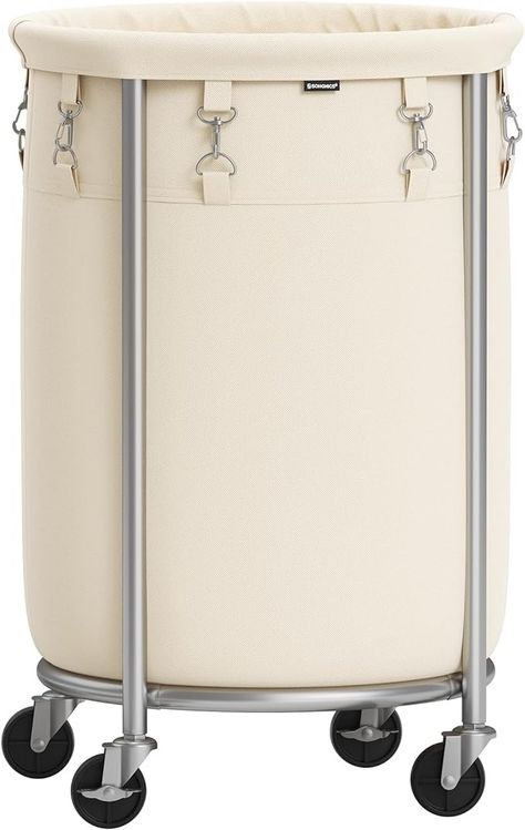 Amazon.com: SONGMICS Laundry Basket with Wheels, Rolling Laundry Hamper, 18.5 Gal., Round Laundry Cart with Steel Frame and Removable Bag, 4 Casters and 2 Brakes, Cream and Silver URLS006W01 : Home & Kitchen Laundry Cart On Wheels, Laundry Cart, Laundry Hamper, Laundry Basket, Laundry Room, Steel Frame, Home Kitchens, Cream, Frame