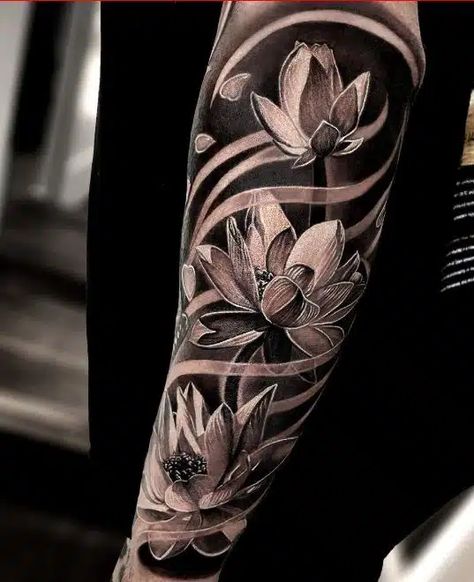 Lotus Tattoos - 55+ Coolest Lotus Tattoos And Ideas With Meanings Lotus Tattoo Sleeve, Lotus Tattoo Men, Flower Tattoo Sleeve Men, Tattoos Lotus, Lotus Tattoos, Water Lily Tattoos, Mangas Tattoo, Half Sleeve Tattoos Forearm, Lotus Flower Tattoo Design