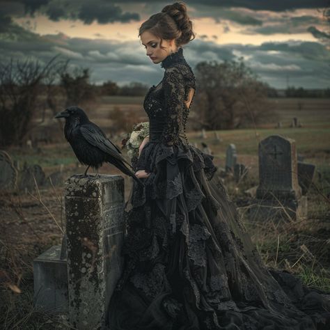 A stunning bride in a black lace gown, standing alone in a desolate graveyard, holding a wilted bouquet, with a dark, overcast sky and an ominous raven perched nearby. This vintage-inspired digital download is perfect for printing and decorating your living room, bedroom, dining area, or even your office. Elevate your space with a touch of eerie charm and academic aesthetic. Our printable wall art files are available for instant download. Whether you prefer printing at home or utilizing a printing service, these files provide flexibility. You can print them on paper and frame them or get creative by customizing them onto other products like canvases or wall tapestries. Once you make a purchase, you can conveniently access your downloads by visiting your Etsy profile and navigating to the " Goth Inspired Wedding Dress, Moody Woman, Black Raven, Dark Bride, Dark Dress Aesthetic, Goth Wedding Dress Black, Vintage Black Victorian Wedding Dress, Woman Looking Over Shoulder, Bride Aesthetic Dark