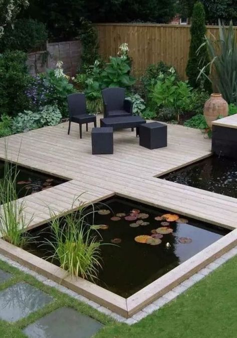 39 Modern Water Features For Outdoor Spaces - Shelterness Design Per Patio, Koi Pond Design, Deck Plan, Kolam Koi, Taman Air, Garden Pond Design, Diy Pond, Minimalist Garden, Pond Landscaping