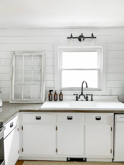 The Story Of My 100 year old Antique Cast Iron Drainboard Sink, And A Collaboration With Kingston Brass | We Lived Happily Ever After Ardex Feather Finish, Farmhouse Concrete Countertops, Diy Concrete Counter, Pallet Kitchen Island, Bridge Kitchen Faucet, Cast Iron Sink, Kitchen 2020, Drainboard Sink, Pallet Kitchen