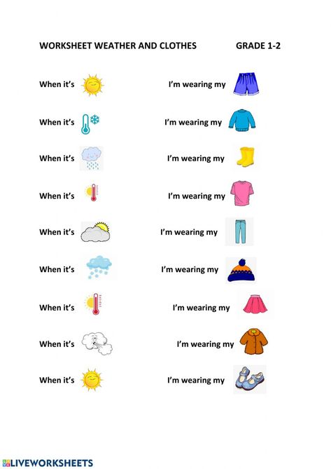 Weather and clothes Interactive worksheet Season And Weather Worksheet, Season Clothes Worksheet, Seasons And Clothes Worksheet, Weather Worksheets 2nd Grade, Weather And Seasons Worksheet, Weather And Clothes Worksheet, Weather Worksheets For Kids, Phonics Reading Activities, Weather Images