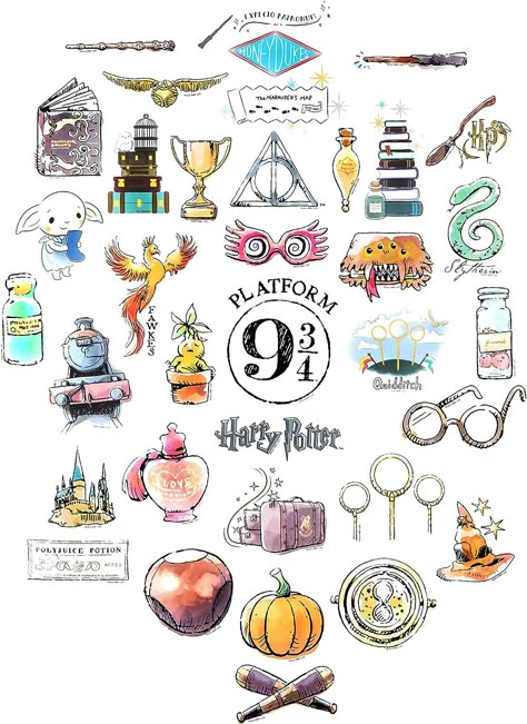 Harry Potter In Watercolor - This pack of Harry Potter stickers feature your favorite iconic Harry Potter themes in beautiful watercolor designs! This packs contains 60 unique stickers including 5 special holograms. Platform 9-3/4, The Hogwarts Express, Potions, Cauldrons, Hedwig, the House Mascots and more! Potterfy your laptop, phone, skateboard, water bottle and all the gadgets with a little magic! Harry Potter Potion Labels, Harry Potter Car, Harry Potter Watercolor, Harry Potter Planner, Harry Potter Travel, The Hogwarts Express, Harry Potter Logo, Harry Potter Stickers, Harry Potter Potions