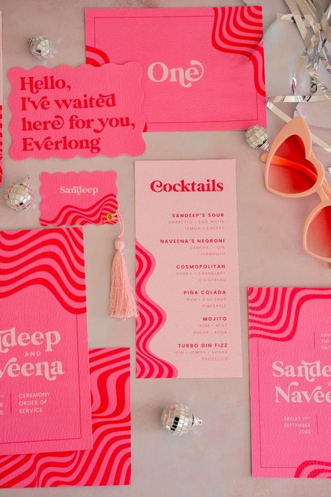 Neon Wedding Invite, Pink Eclectic Wedding, Cool Invite Design, Save The Date Colourful, Bright Save The Date, Colorful Wedding Stationery, Colourful Wedding Signage, Retro Invitation Design, Colourful Wedding Invitations