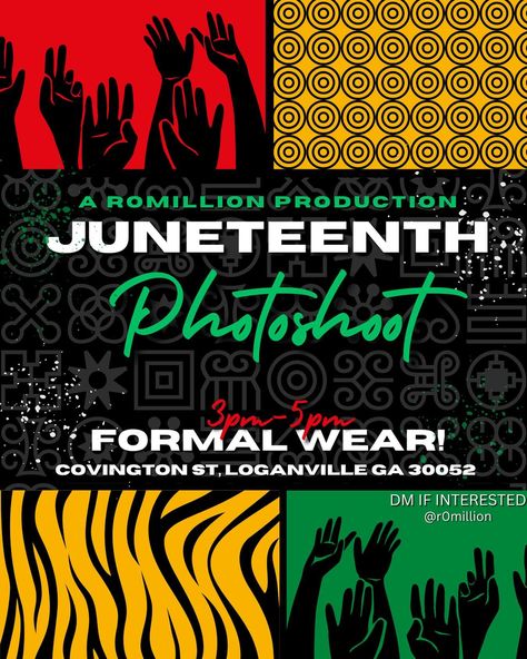 WHATS UP YALL ROMILLION HERE WITH THE PHOTOSHOOT OF THE SUMMER!! To show black love and professionalism, I will be hosting a JUNETEENTH PHOTOSHOOT COMPLETELY FREE TO THE PUBLIC THIS WEDNESDAY JUNE 19TH! Come in your best dress or casual, just come and enjoy the outside vibes. Edited photos will be sent out ASAP, so please be patient 🙏🏾 🙏🏾🙏🏾 dm if interested Juneteenth Photoshoot, Juneteenth Aesthetic, Juneteenth Instagram Post, How To Celebrate Juneteenth, Juneteenth Design, Edited Photos, Best Dress, Be Patient, June 19