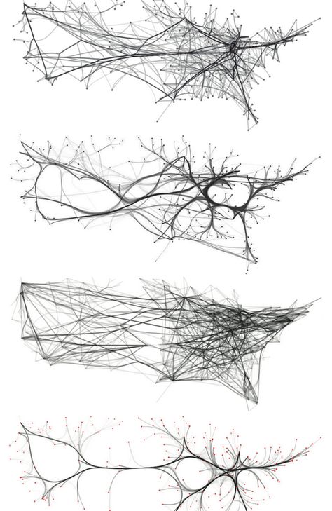 Edge bundling alternatives for US airline routes, http://www.cs.rug.nl/svcg/Shapes/KDEEB Rhizome Architecture, Voronoi Architecture, Movement Mapping, Generative Design Architecture, Line Architecture, Architecture Mapping, Parametric Architecture, Generative Design, Concept Diagram