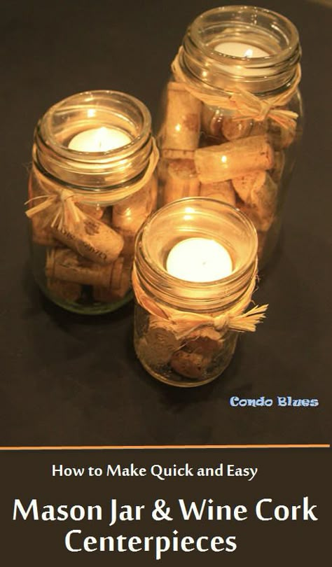 A step by step tutorial how to reuse and recycle mason jars, and wine corks into a candle centerpiece decoration craft. #winecork #masonjar #cork Cork Centerpieces, Wine Cork Centerpiece, Wine Cork Ideas, Wine Cork Diy Crafts, Wine Cork Projects, Wine Crafts, Cork Crafts Diy, Wine Cork Diy, Cork Ideas