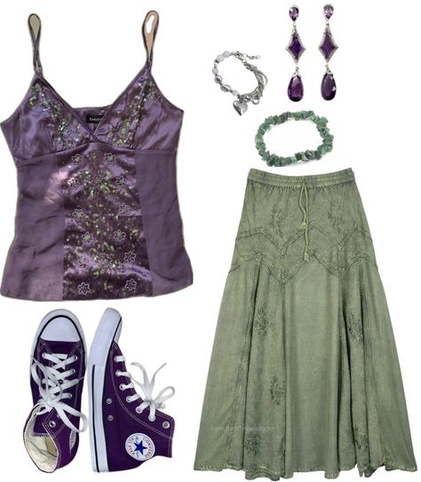 fairycore forestcore goblincore cottagecore purple green Converse maxi skirt bracelets outfit fashion inspiration moodboard pin Purple And Green Outfit Ideas, Purple Converse Outfit Ideas, Purple Fairycore Outfit, Purple Goblincore, Green Skirt Aesthetic, Green And Purple Outfit Aesthetic, Purple Maxi Skirt Outfit, Green Fairy Outfit, Green Skirt Outfit Ideas