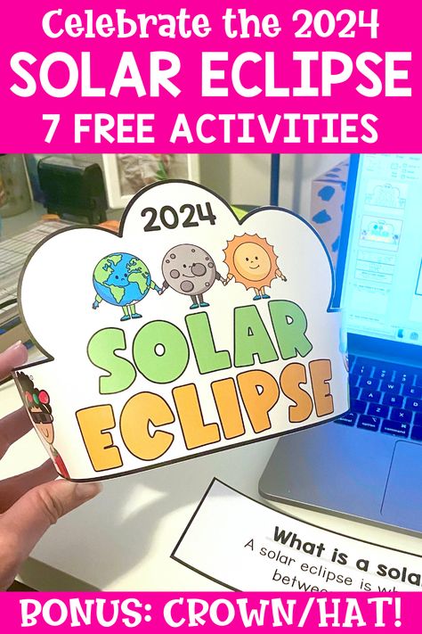 Are you looking for fun and easy solar eclipse worksheets and printables to use with kindergarten, first grade or 2nd grade? Check out this post for 7 free activities, including a solar eclipse hat or crown! Get helpful activities to add to your solar eclipse lesson plans. Add these activities to your celebrations in kindergarten, 1st, and 2nd grade today. Plus, get 7 FREE resources you can use today! Learn more here! Solar Eclipse 2024 Kindergarten, Eclipse Printable Free, Solar Eclipse Lesson First Grade, Solar Eclipse 1st Grade Activities, Solar Eclipse Ideas For Kindergarten, Solar Eclipse Worksheets Free, Solar Eclipse Projects For Preschool, Eclipse Lessons Kindergarten, Solar Eclipse 2024 Preschool