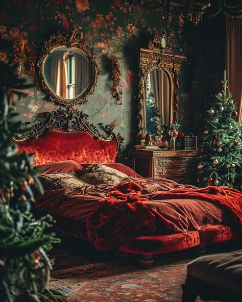 Lights For Christmas, Santa's House, Bedroom Victorian, Moody Decor, Red Bedroom, Victorian Bedroom, Winter Cottage, Dark Home Decor, Gorgeous Bedrooms