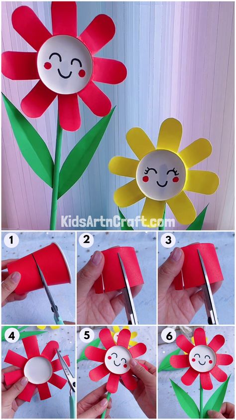 Simple To Make Paper Cup Flower Craft For Preschoolers Check more at https://www.kidsartncraft.com/paper-cup-flower-craft-for-preschoolers/ I Am The True Vine, Flower Crafts For Kids, Preschool Craft Activities, Paper Flower Wall Art, Paper Cup Crafts, April Crafts, Children Crafts, Spring Fun, Cup Crafts