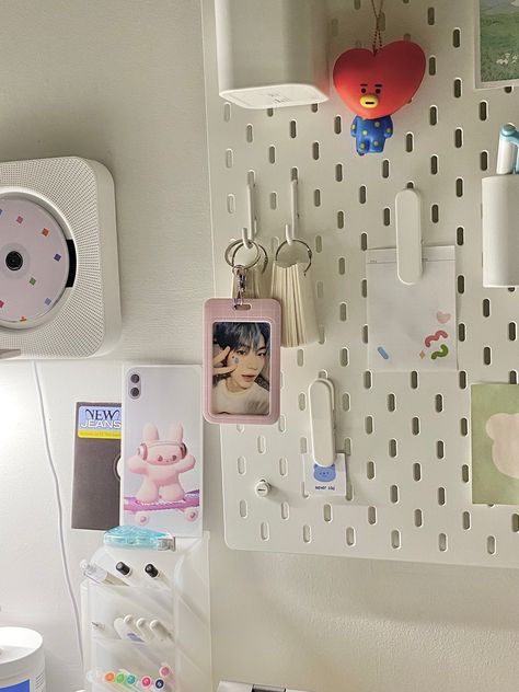 kpop, aesthetic, desk Kpop Desk, Ikea Pegboard, Desk Area, Desk Inspo, Desk Areas, Anime Room, My Desk, Apartment Inspiration, Peg Board