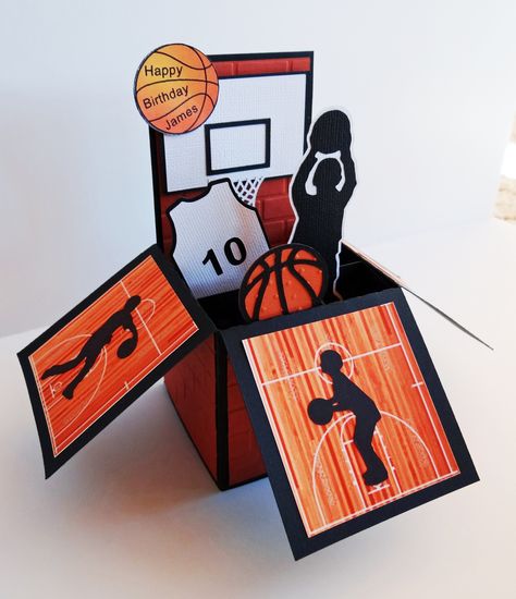 Basketball card in a box Basketball Birthday Cards, Kids Sports Crafts, Basketball Crafts, Basketball Birthday Parties, Basketball Theme, Basketball Birthday, Pop Up Box Cards, Basketball Gifts, Exploding Boxes