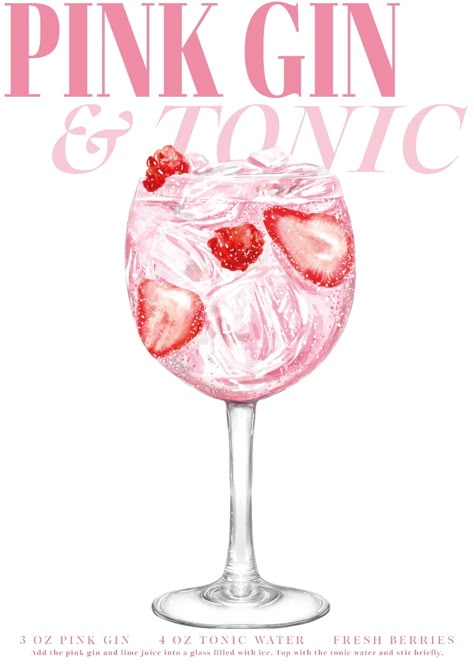 Pink Gin Cocktail Art Print, Available In sizes A4 and A3, Cocktail Print, Cocktail Illustration, Gin Art Print, Cocktail Poster. Aesthetic Poster To Print, Pink Drink Poster, Pink Gin And Tonic, Drinks Illustration Art, Poster Prints Kitchen, Gin And Tonic Poster, Pink Poster Ideas, Aesthetic Pink Posters, Pink Poster Design