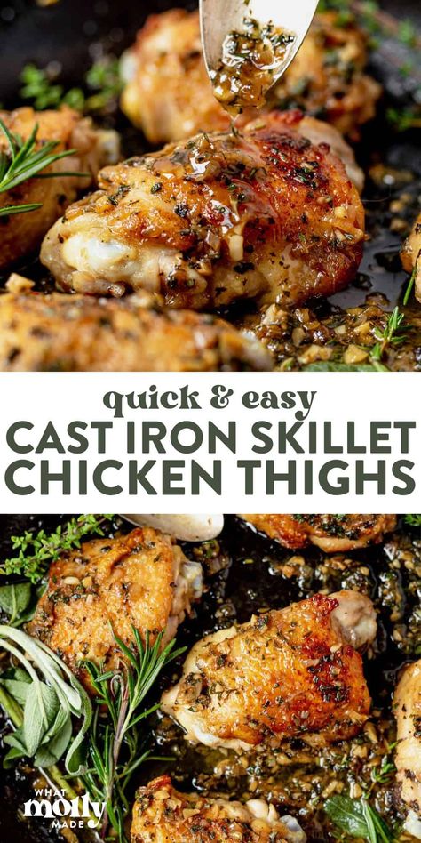 Cast iron skillet chicken thighs are seared over high heat to create a crispy golden skin then baked to perfection and covered in a simple herb pan sauce. This simple dinner is delicious, healthy, and great for weeknights. One of our favorite recipes! Serve over mashed potatoes, rice, or a pasta noodle like spaghetti and top with fresh parmesan if desired. Bone In Chicken Thigh Recipes Cast Iron, Chicken Thigh Recipes Cast Iron Skillet, Chicken Cast Iron Recipes, Chicken Thighs And Mashed Potatoes, Cast Iron Chicken Breast Recipes, Chicken Thighs Cast Iron Skillet, One Pan Chicken Thigh Dinner, Cast Iron Baked Chicken, Baked Chicken Recipes Thighs