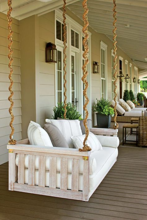 The Front Porch Small Lake Houses, Front Porch Furniture, Hanging Daybed, Farmhouse Porch Decor, Hidden Lake, Front Porch Swing, Swing Design, Porch Furniture, Bed Swing